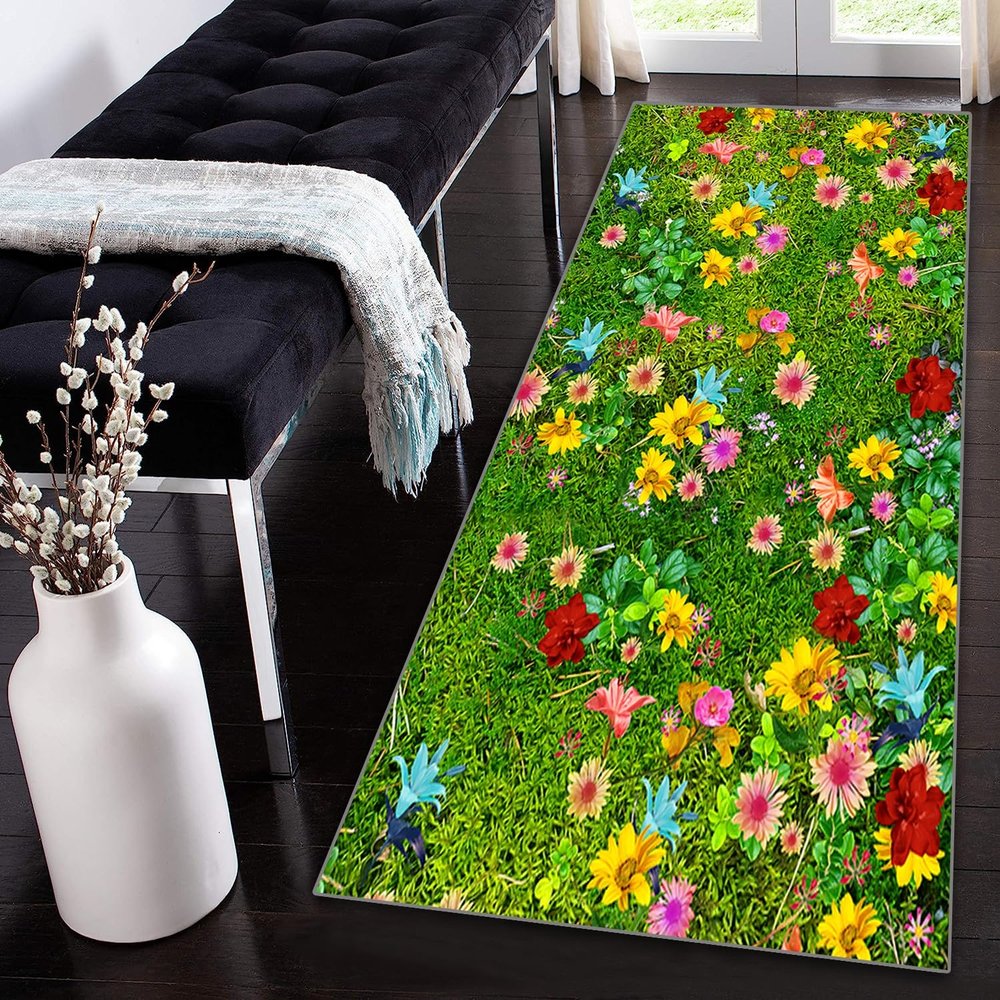 Siunwdiy 3D Runner Rug for Hallway and Kitchen, Nonslip Washable Colorful Green Floral Pattern, 140 x 280 cm, Customizable
