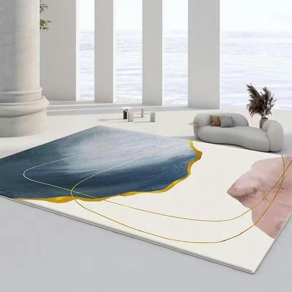 Small Rugs 60 x 90 cm, White and Blue, Machine-Washable Non-Slip Short-Pile Rug