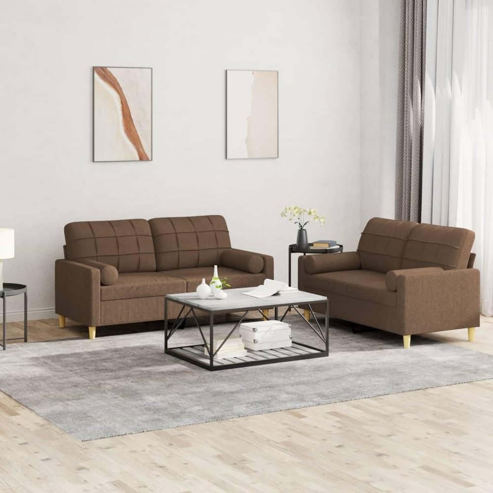 Willood 2-Piece Sofa Set with Cushions, Brown Fabric, Armrests and Wooden Legs
