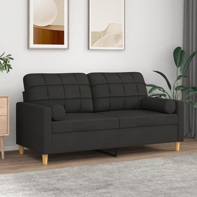Willood 2-Seater Sofa with Throw Pillows, Black, 140 cm, Fabric, Armrests, Soft Cushions, and Wooden Legs