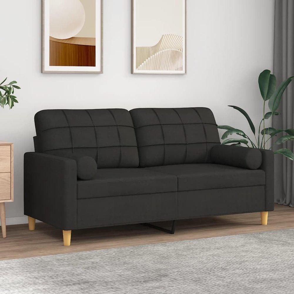 Willood 2-Seater Sofa with Throw Pillows, Black, 140 cm, Fabric, Armrests, Soft Cushions, and Wooden Legs