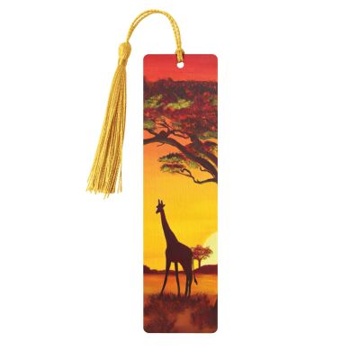 Wooden Bookmark with African Animal Sunset and Colorful Tassel