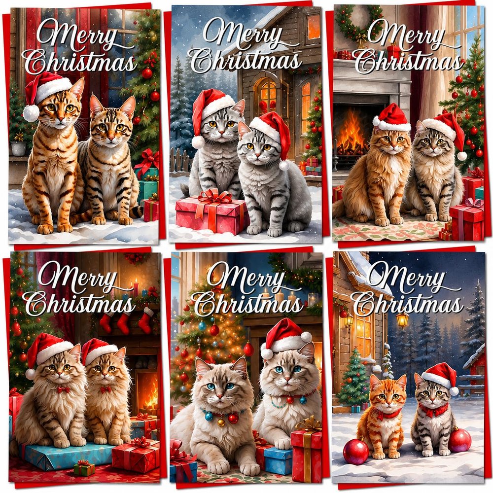 Christmas Cards in Box, 30 Count, 6 Unique Cat Designs, 2025