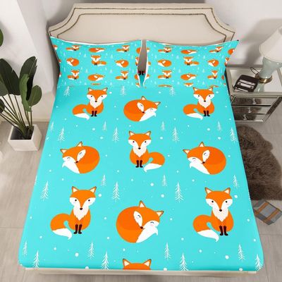 TACOKI 3D Fox Fitted Sheet 120 x 200 cm with 2 Pillowcases, Soft Microfiber, Fits Mattresses up to 30 cm
