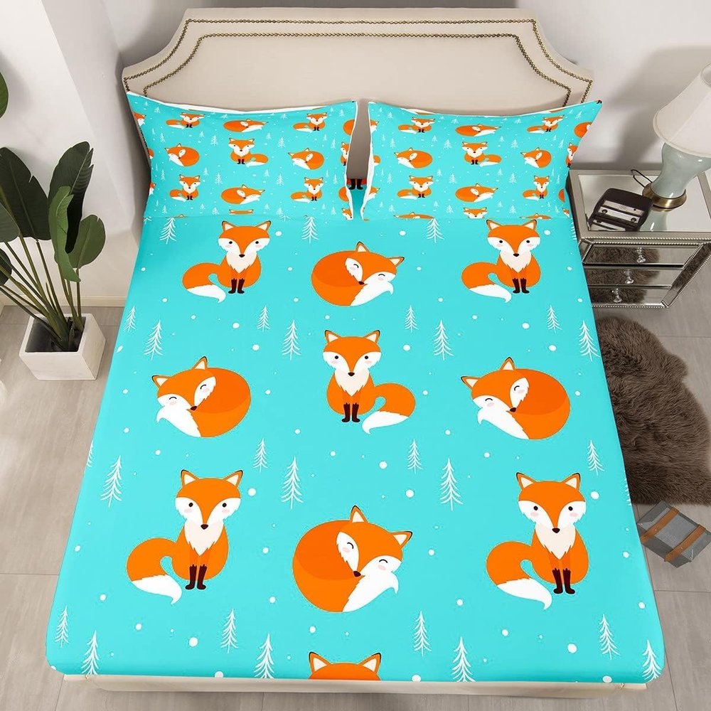 TACOKI 3D Fox Fitted Sheet 120 x 200 cm with 2 Pillowcases, Soft Microfiber, Fits Mattresses up to 30 cm
