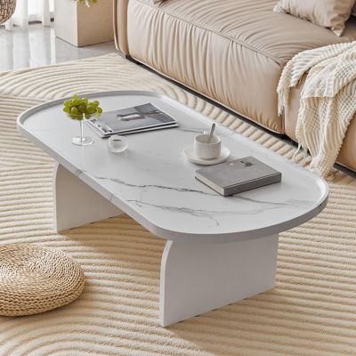 SCBTGKLN Wooden Coffee Table, Long Oval Table for Small Spaces, White, Large