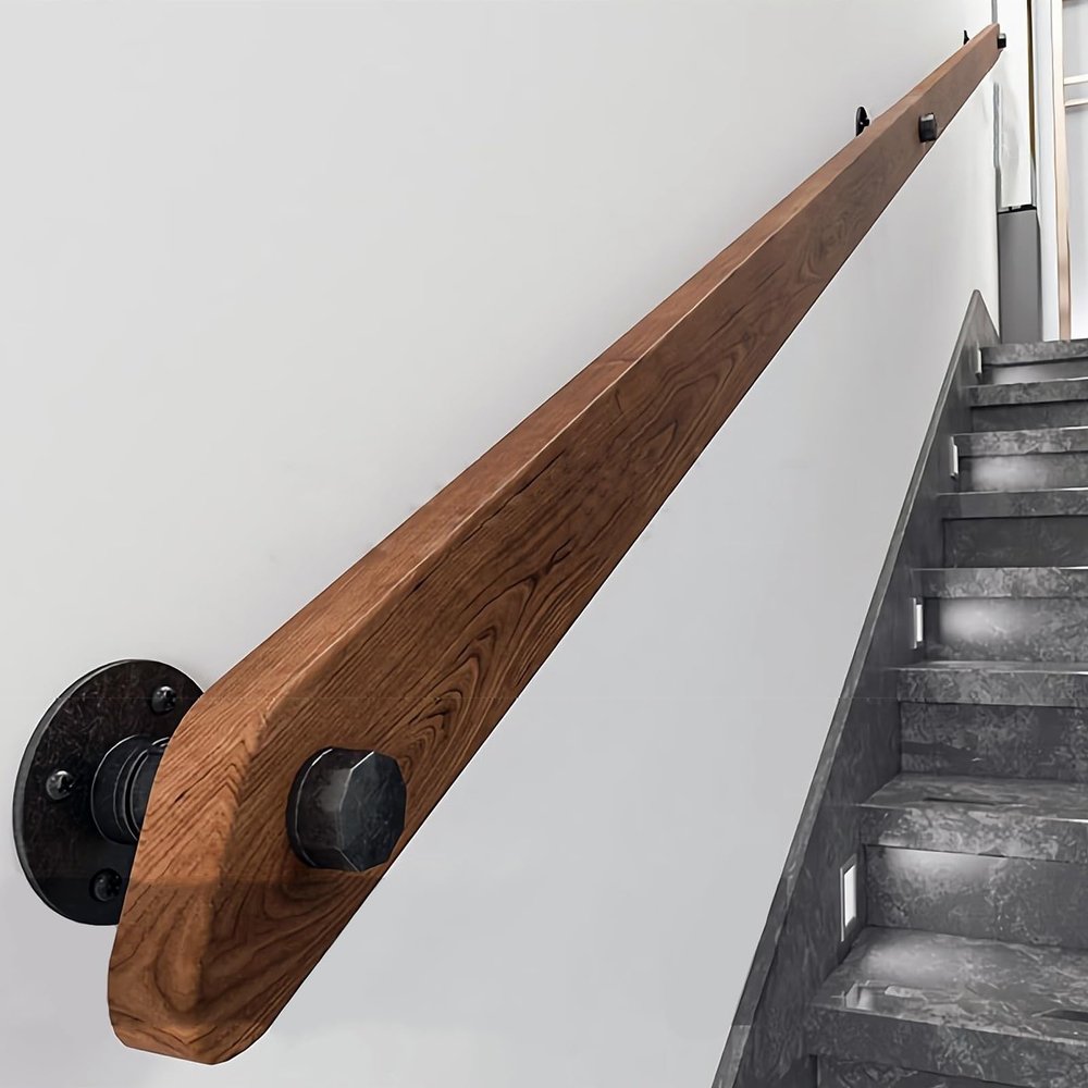 Wooden Handrail for Stairs, Non-Slip Indoor Stair Handrail, Wall-Mounted with Sturdy Metal Brackets, Accessible Grab Bar for Seniors (Brown, 500 cm)