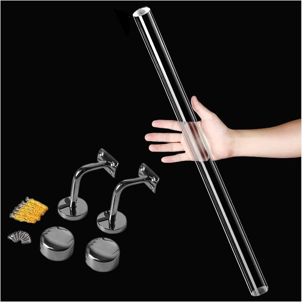X&Z-XAOY Clear Acrylic Stair Handrail with Silver Brackets, Wall-Mounted, 600 cm/20 ft