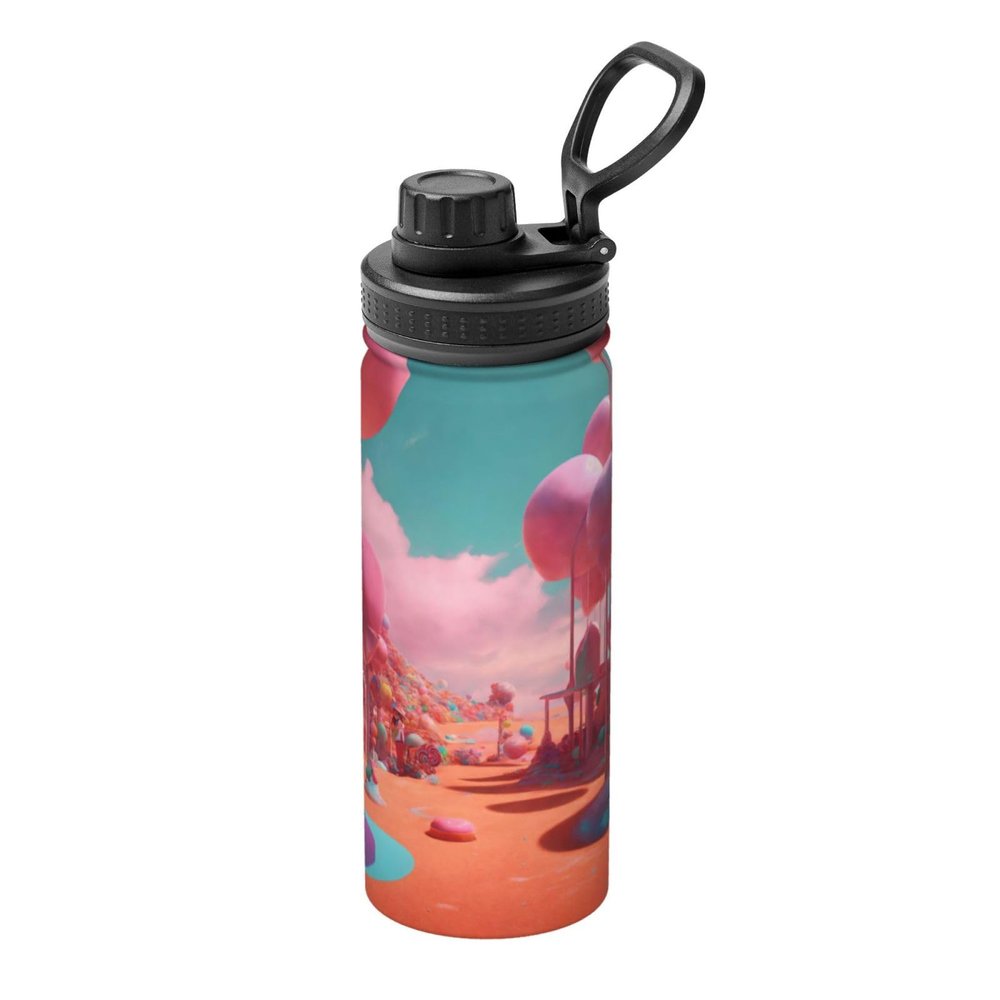 Candy Land Print Reusable Portable Sports Water Bottle with Lid, Stainless Steel, Handle, 530 ml