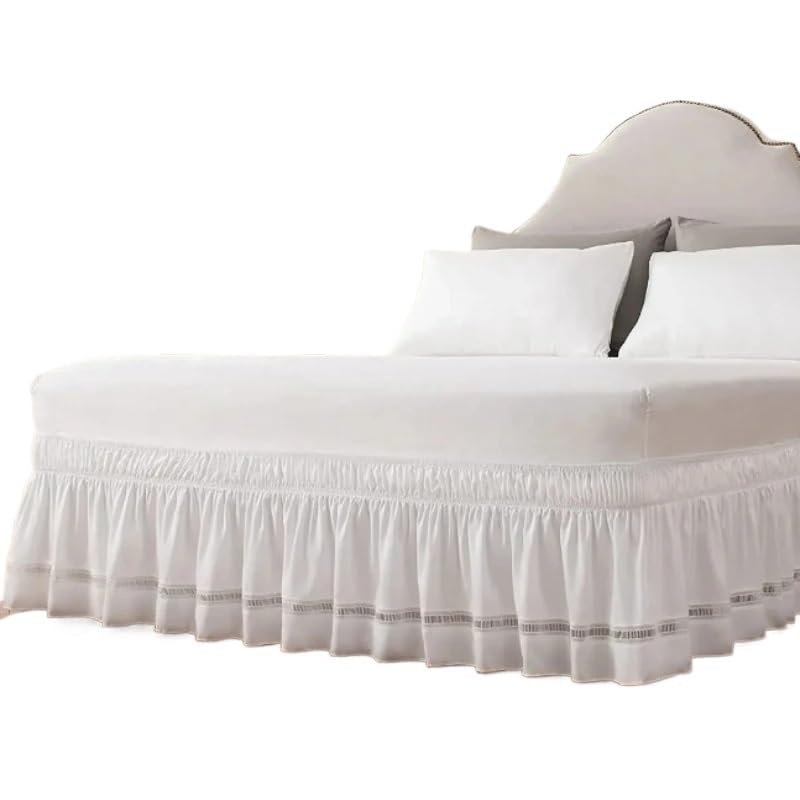 SkyjOy Wrap-Around Bed Skirt, Elastic Dust Ruffle with Adjustable Straps, Solid, Machine Washable, C-King 200 x 220 x 38 cm