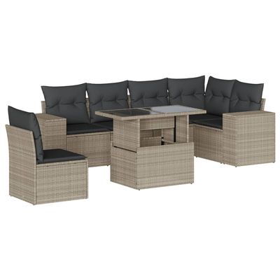 vidaXL 7-Piece Garden Sofa Set with Cushions, Light Gray Poly Rattan