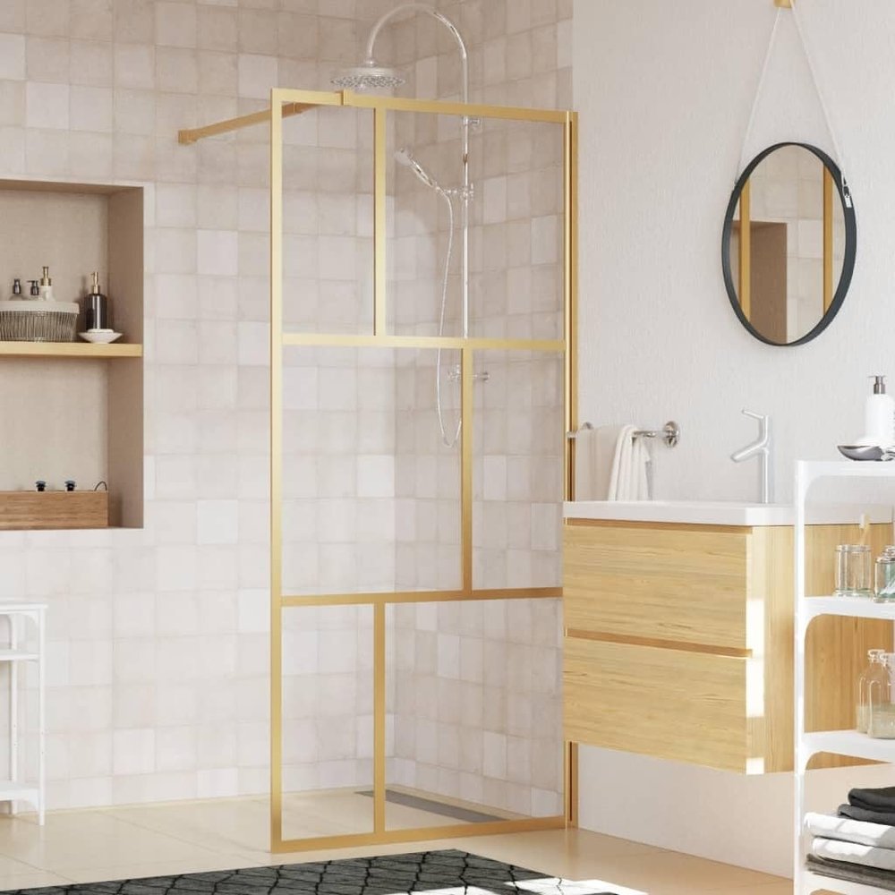 Iiaky Walk-In Shower Wall, Clear Tempered Glass, Gold, 90 x 195 cm