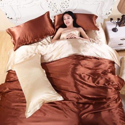 Luxurious Satin Silk Bedding Set, Super King Size, 4-Piece, Brown, Soft and Smooth