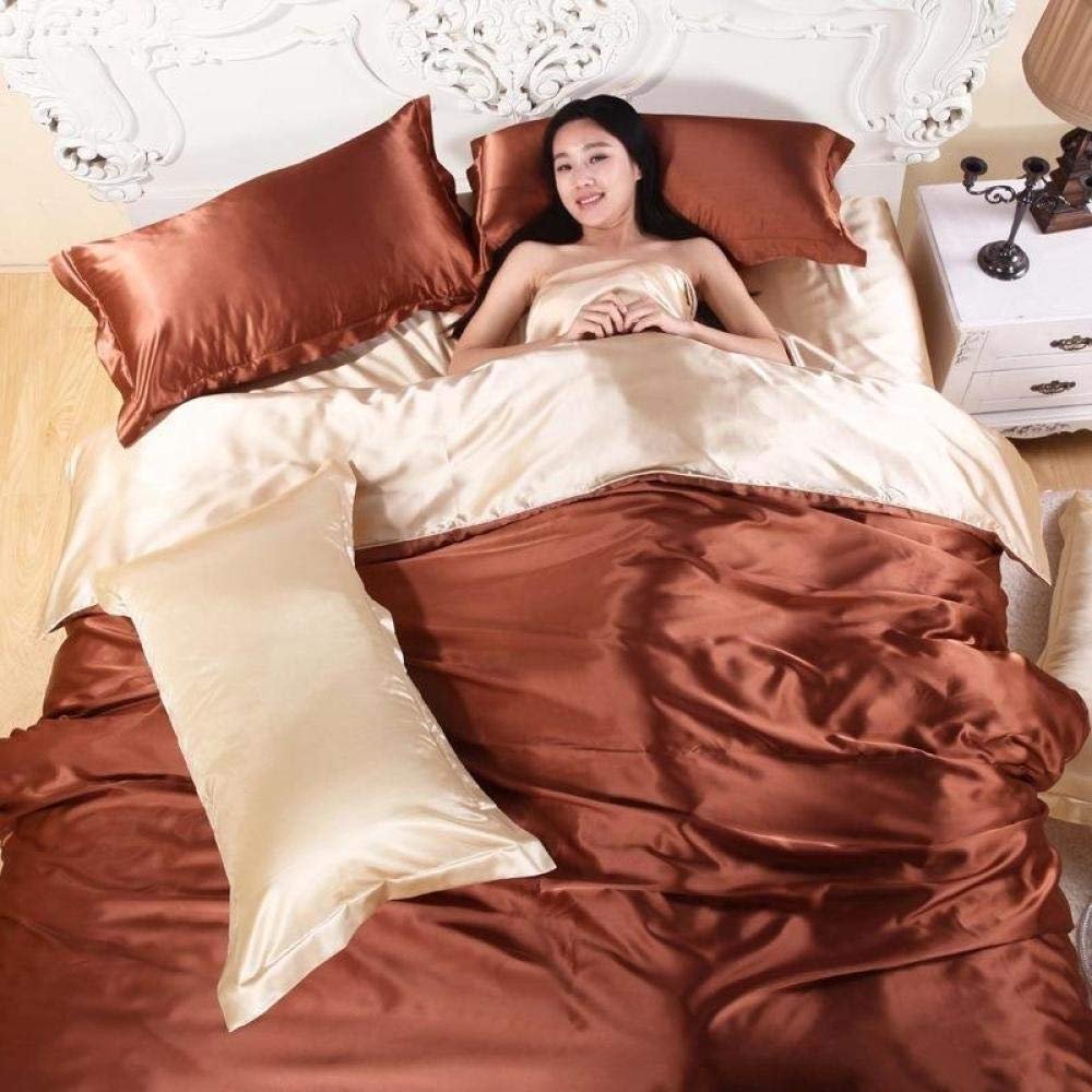 Luxurious Satin Silk Bedding Set, Super King Size, 4-Piece, Brown, Soft and Smooth