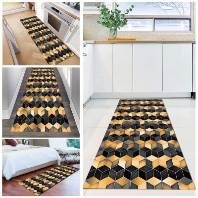 Hallway Runner Rug, Extra-Long Runner with Non-Slip Backing, Washable, Narrow Geometric Rug, Black/Gold (80