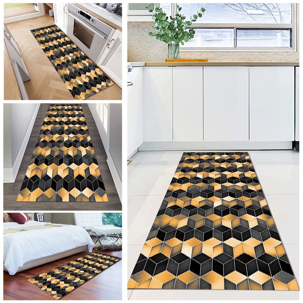 Hallway Runner Rug, Extra-Long Runner with Non-Slip Backing, Washable, Narrow Geometric Rug, Black/Gold (80