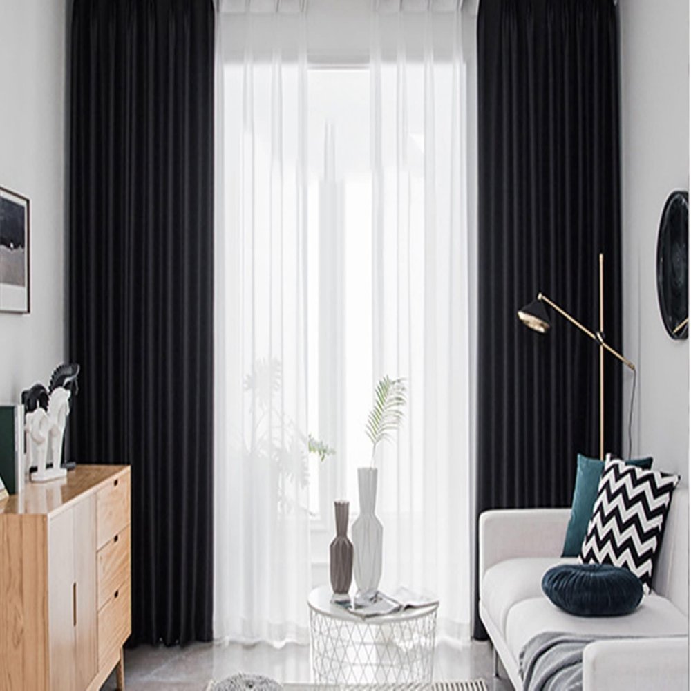 Bishilin Blackout Curtains, 2-Piece Set, Black Satin, with Hooks, 102 x 244 cm