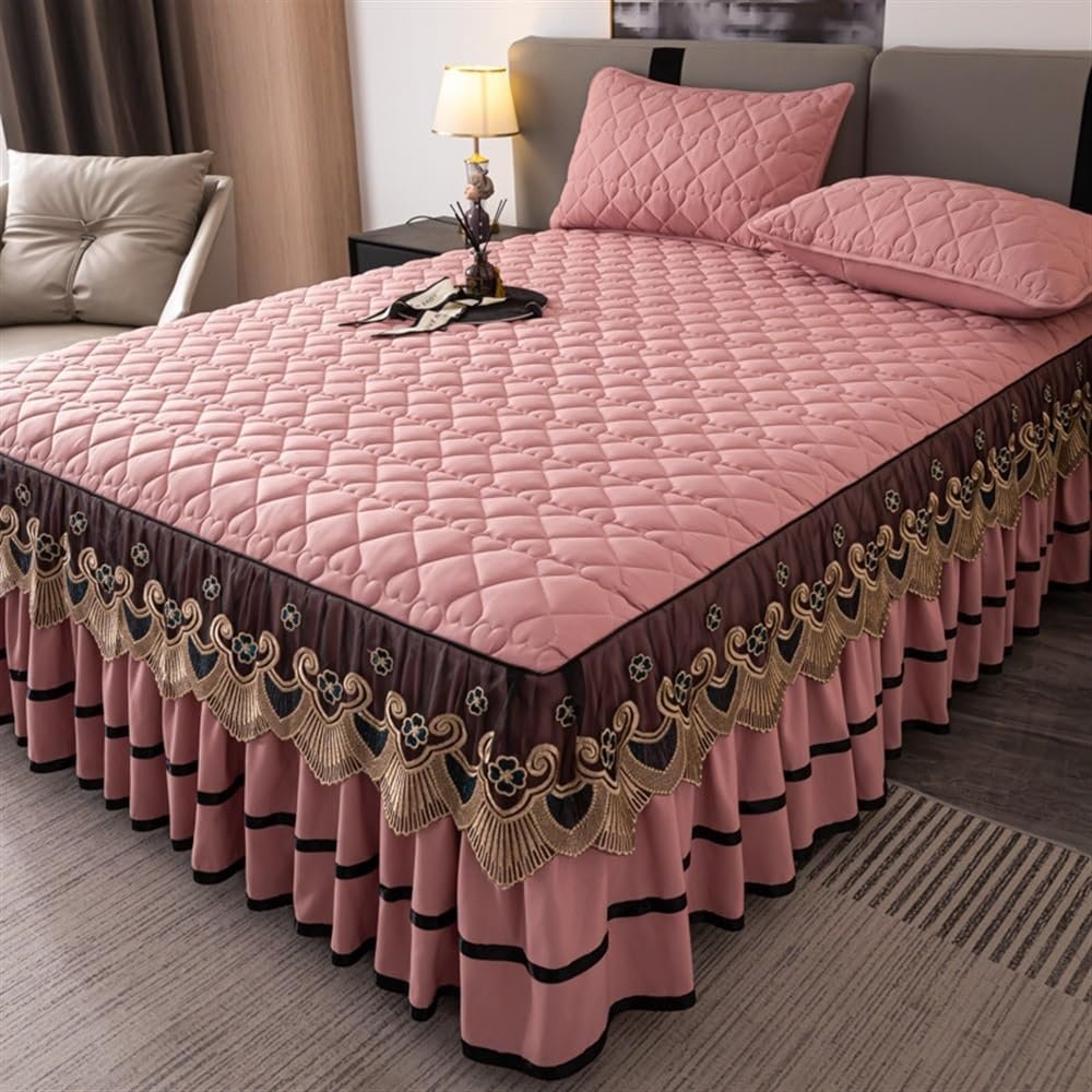 Solid Thick Lace Bed Skirt, King Size, 18-Inch Drop, Cotton-Polyester/Microfiber, Adjustable Elastic Dust Ruffle for Queen Beds (Dark Pink, 150 x 200 cm/Full)