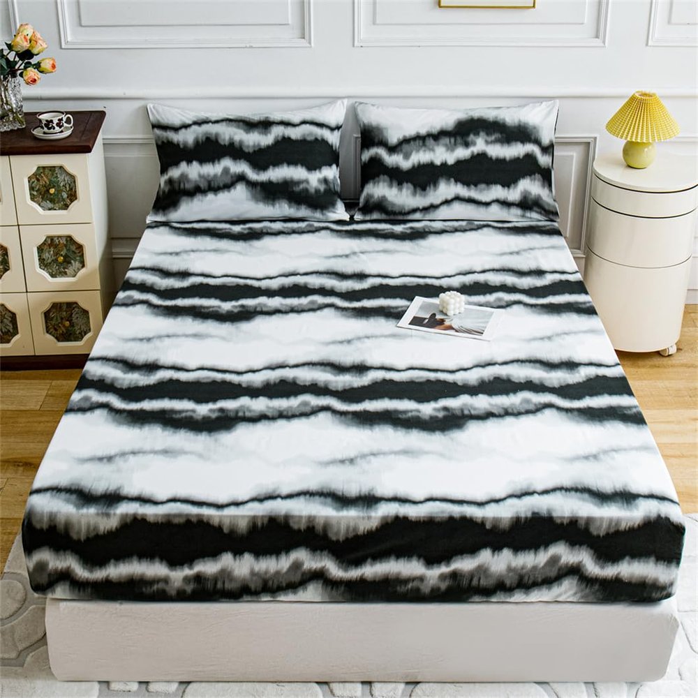 Fitted Sheet 90 x 200 cm with Floral Ink-Painting Pattern