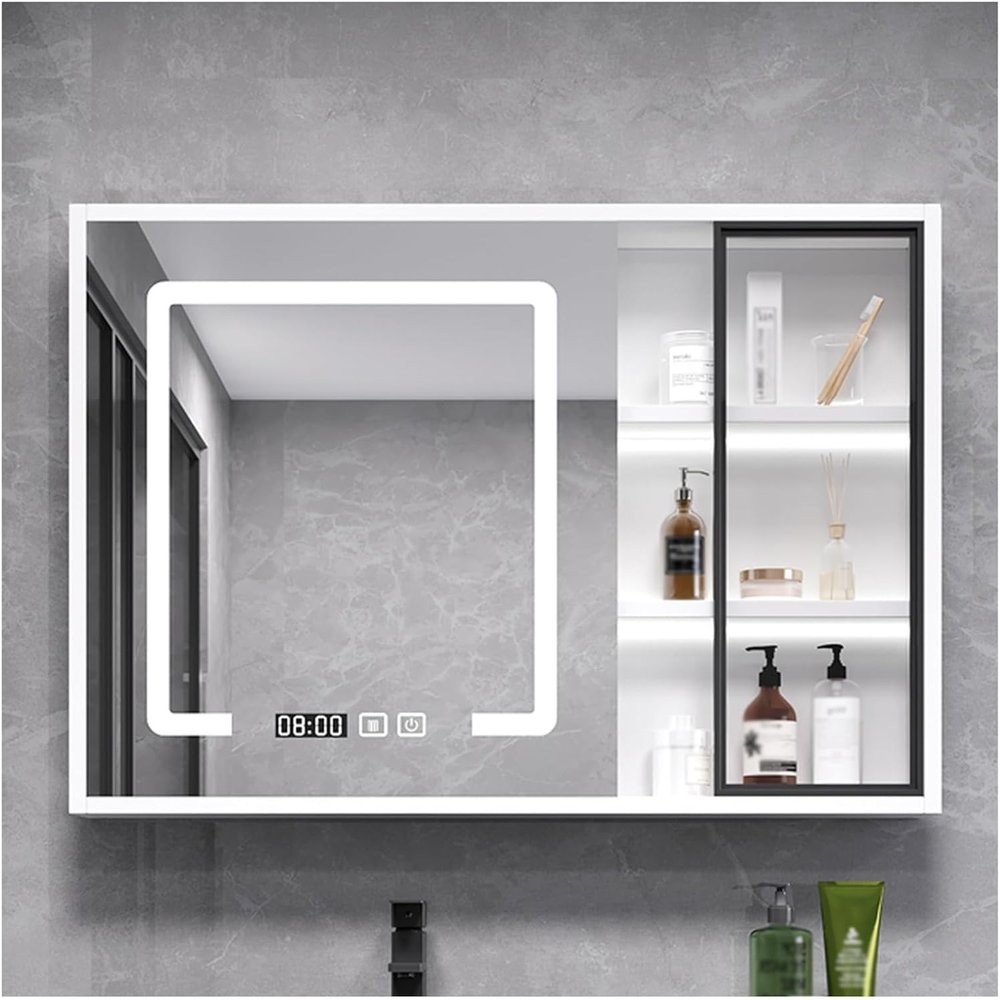 Bathroom Cabinet with Illuminated Mirror, Wall-Mounted Medicine Cabinet, Defogging, Large Storage, White, 78 cm