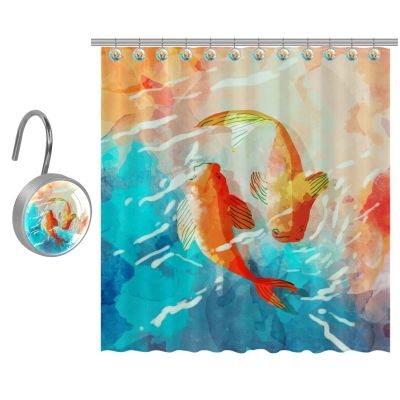 Eslifey Shower Curtain Set with 10 Hooks, Watercolor Fish Design, Washable, 152.4 x 183.9 cm