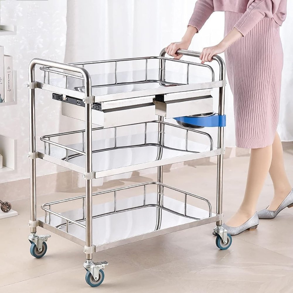 3-Tier Stainless Steel Laboratory Cart with 2 Drawers and Waste Basin