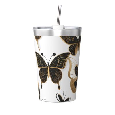 Gold Butterflies Stainless Steel Water Bottle, 340 ml, Keeps Drinks Hot for 12 Hours