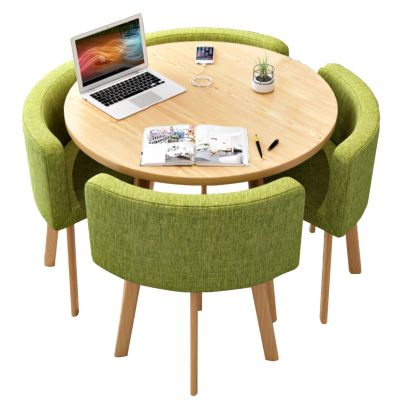 Round Conference Table Set for 4 with 4 Upholstered Chairs, Green, 90 cm/35.5 in