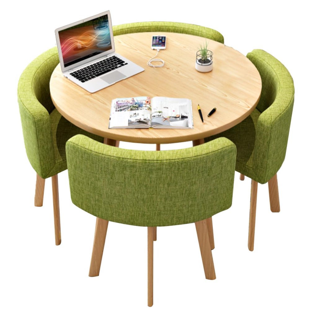 Round Conference Table Set for 4 with 4 Upholstered Chairs, Green, 90 cm/35.5 in