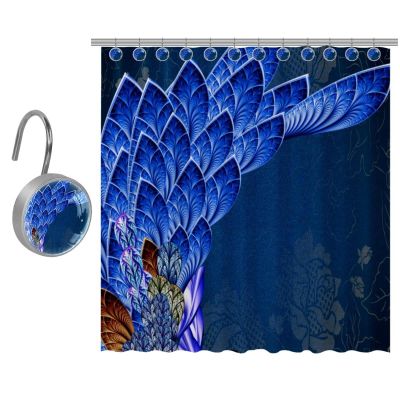Eslifey Shower Curtain and Hook Set, Water-Resistant Fabric, 9 Hooks, Peacock Blue Feathers