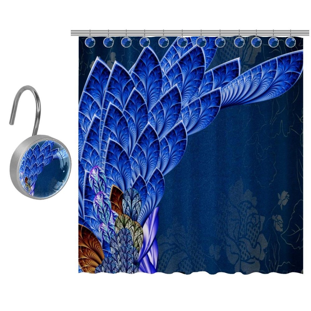Eslifey Shower Curtain and Hook Set, Water-Resistant Fabric, 9 Hooks, Peacock Blue Feathers