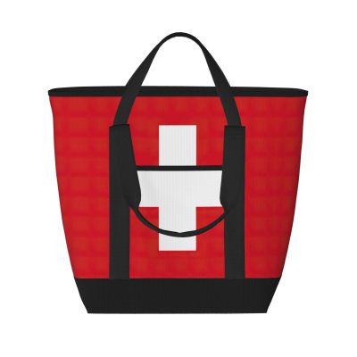 YQxwJL Insulated Cooler Bag with Swiss Flag, Large Capacity, Reusable Shopping and Travel Tote, Black, One Size