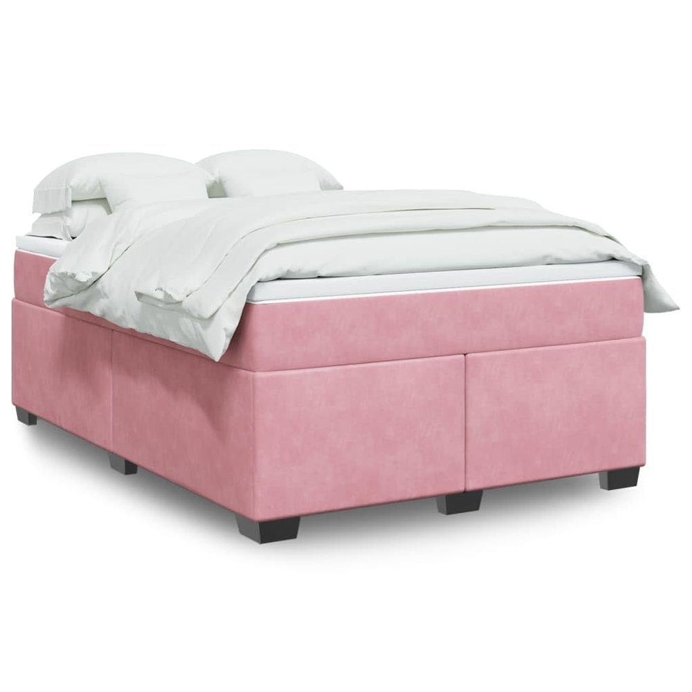 Homgoday Box Spring Bed with Mattress, Pink Velvet, 140 x 190 cm