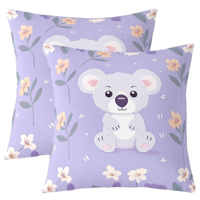 Homewish Set of 2 Cartoon Koala Throw Pillow Covers, 45 x 45 cm, Purple Floral Print, Cute Zoo Animal Decorative Covers, Kawaii Safari Covers for Teens, Adults and Children