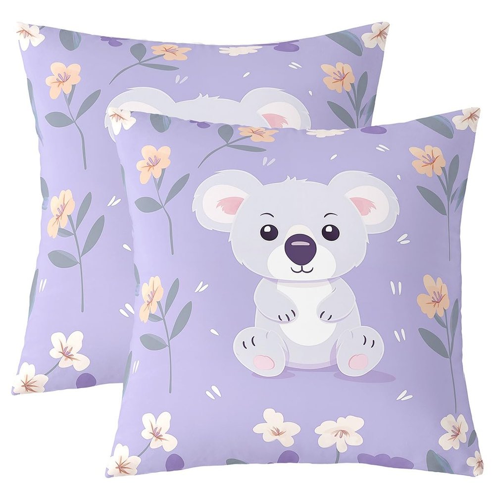 Homewish Set of 2 Cartoon Koala Throw Pillow Covers, 45 x 45 cm, Purple Floral Print, Cute Zoo Animal Decorative Covers, Kawaii Safari Covers for Teens, Adults and Children