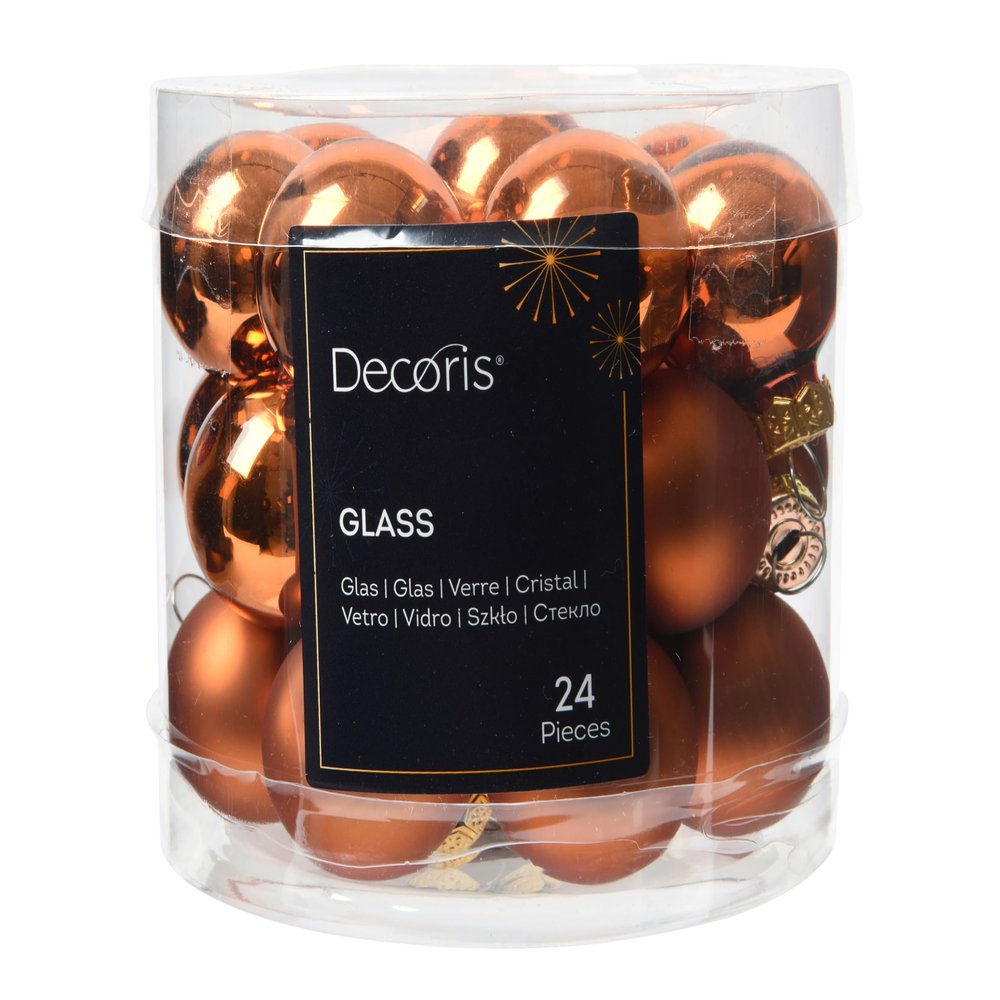 Glass Christmas Ornaments, 1 in, 24-Piece Set, Matte & Shiny, Warm Orange