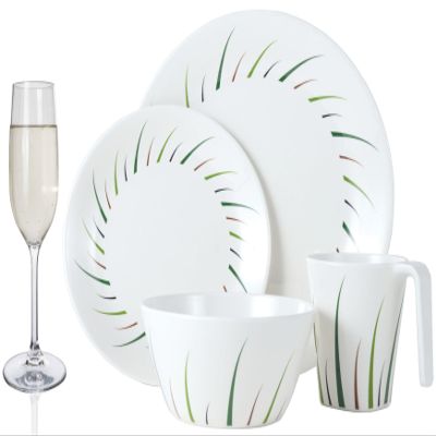Melamine Camping Dinnerware Set for 4, Lemon Grass Design + 4 Tiamo Champagne Flutes