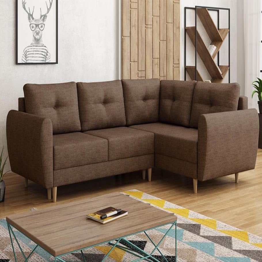 Easy4You Brown Manstad L-Shaped Corner Sofa 234 x 90 x 160 cm with Sleeper Function, Bedding Storage and Wooden Feet, Right-Facing, Lux 12 Fabric