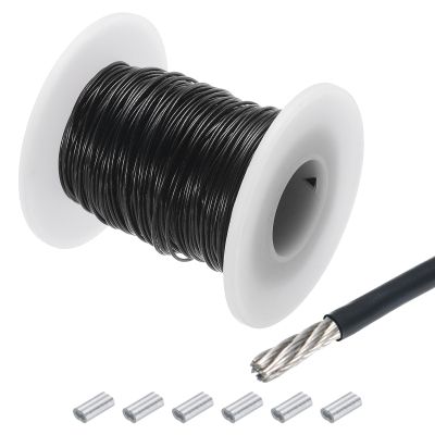 QUARKZMAN 30 m x 1.2 mm PVC-Coated Stainless Steel Wire Rope with 6 Aluminum Sleeves, Black