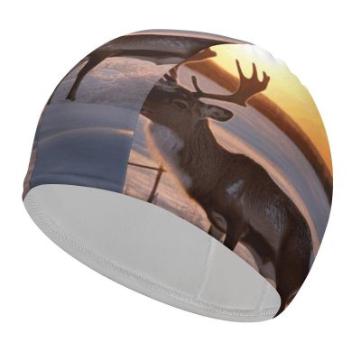Swim Cap for Men and Women, Comfortable Adult Swim Cap with Deer on Snowy Field at Sunrise, Highly Stretchy Cap for Long Hair, Non-Slip Pool Cap