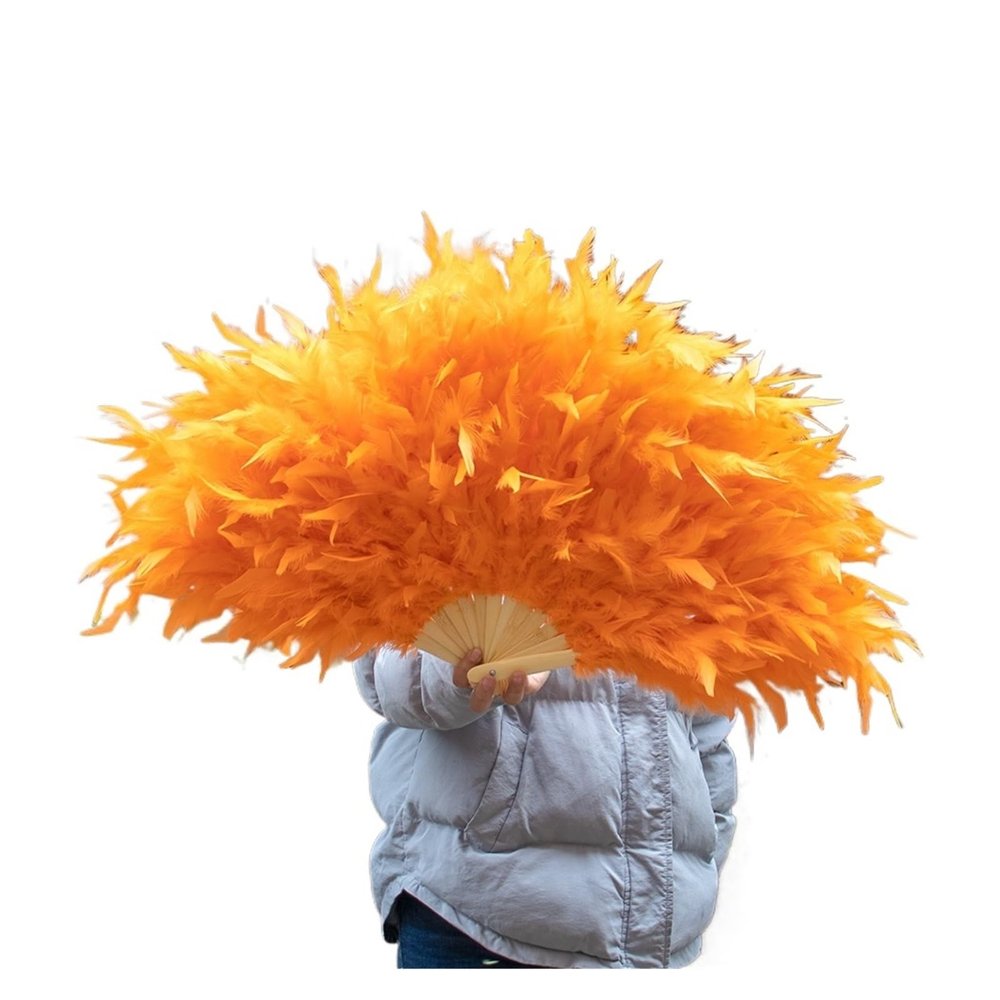 JDQTPOET Red Turkey Feather Fan for the Bride, Large White Feather Fan, Double-Sided Wedding Hand Fan, Dance Party (Orange)