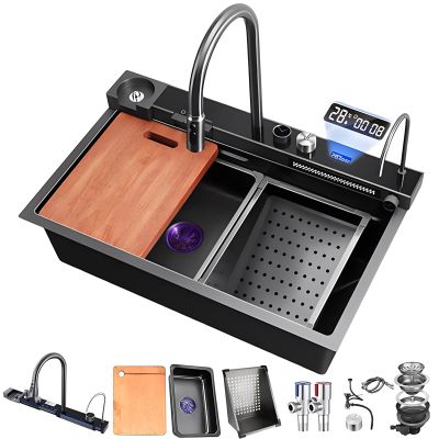 KOOGIMDDR 75 × 45 cm Black-Gray Stainless Steel Workstation Kitchen Sink with Integrated Faucet