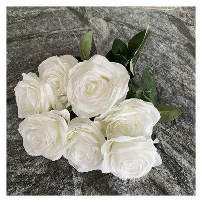 ZGXNYI 7-Head Silk Rose Artificial Flower Bridal Bouquet DIY Wedding Party Arrangement Materials, Home Table Vase Decor, Photo Prop (Pure White)