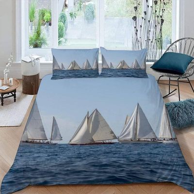 Sezhiqeu Sailboat Duvet Cover Set 155 x 220 cm, 3D Nautical Print, Soft Microfiber, Duvet Cover + 2 Pillowcases 80 x 80 cm, Zipper, D-4131