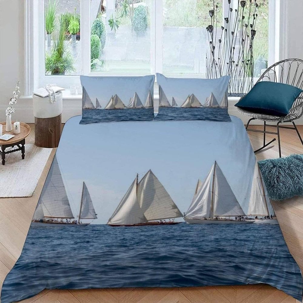 Sezhiqeu Sailboat Duvet Cover Set 155 x 220 cm, 3D Nautical Print, Soft Microfiber, Duvet Cover + 2 Pillowcases 80 x 80 cm, Zipper, D-4131