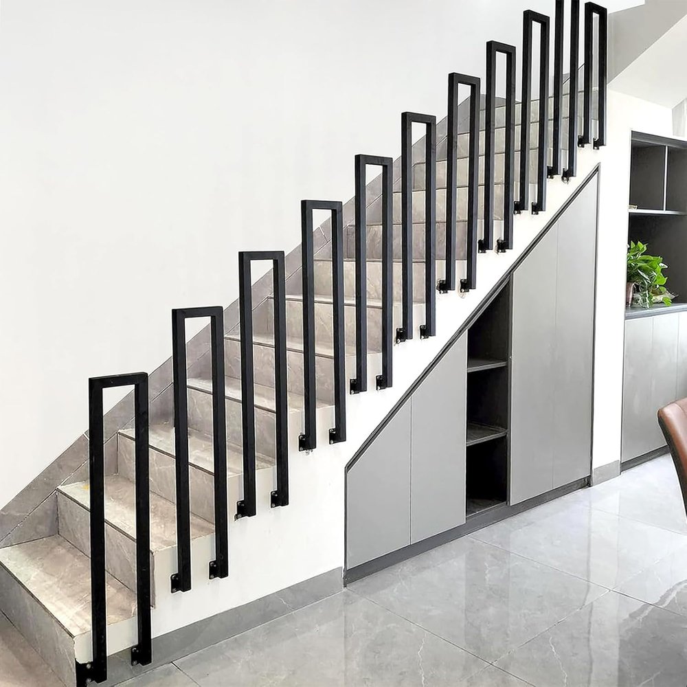 Black Indoor Stair Railing, U-Shaped Metal Handrail, Side-Mounted, 85 cm