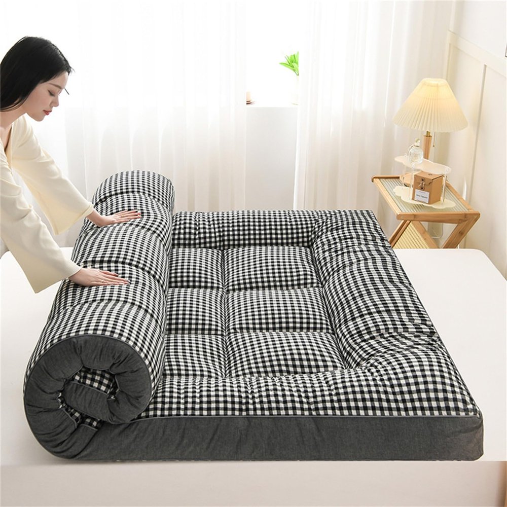 HUMAJORY Japanese Floor Mattress, Thick Foldable Futon, Plaid Gray, 90 x 200 cm