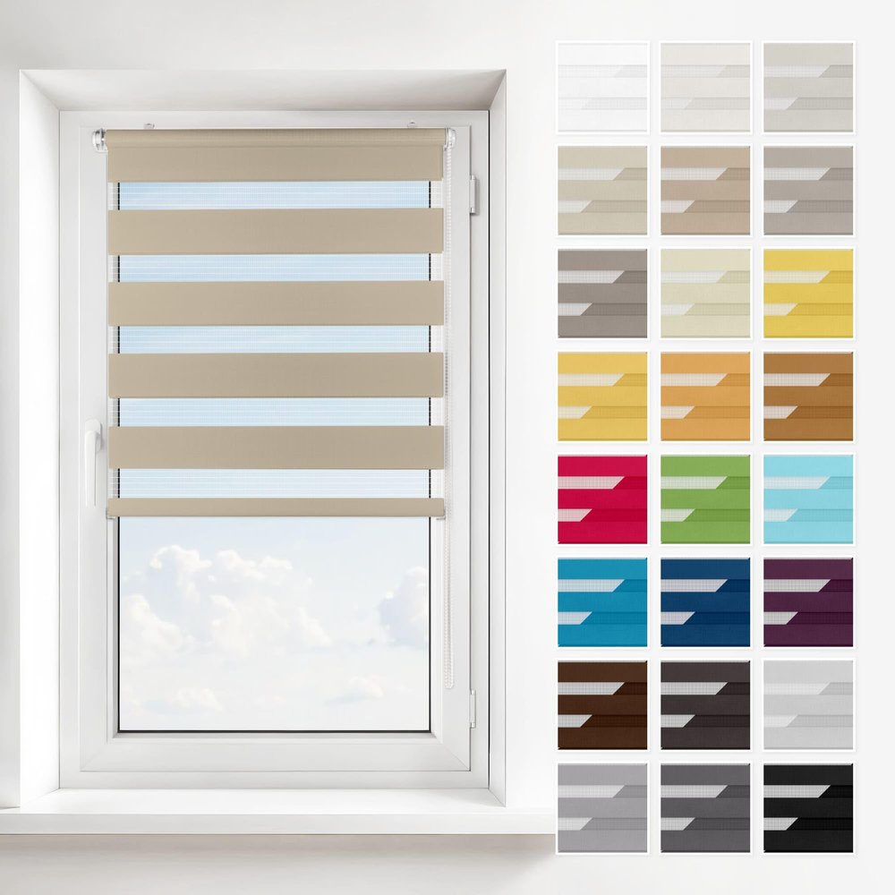 Estika Double Roller Blind No Drilling, 2-in-1 Installation (Clamp-Fix, Wall or Ceiling), Sand Beach, 35 x 150 cm, Roller Blind for Inside Windows