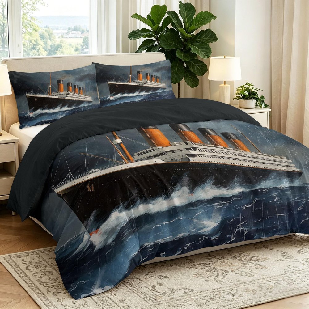 135x200 cm Ship Design Bedding Set, Soft Black Microfiber