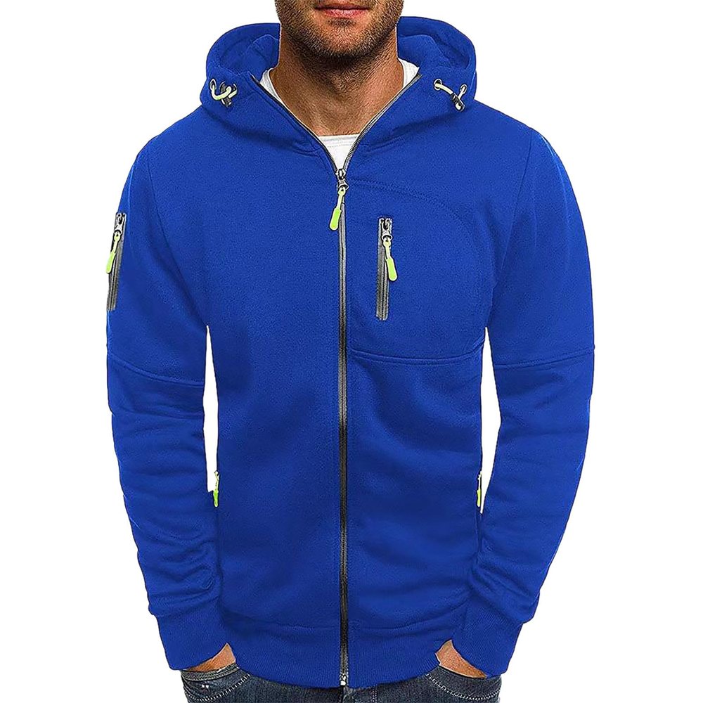 Men's Solid-Color Hooded Sweatshirt Jacket with Zipper and Multiple Pockets